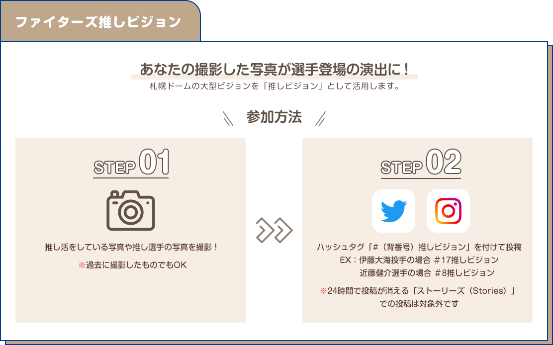 ファイターズ推しビジョン | あなたの撮影した写真が選手登場の演出に！ 札幌ドームの大型ビジョンを「推しビジョン」（センイルビジョン）として活用します。 | 参加方法 STEP1 推し活をしている写真や推し選手の写真を撮影！ ※過去に撮影したものでもOK | STEP2 ハッシュタグ「#（背番号）推しビジョン」を付けて投稿 EX：伊藤大海投手の場合 ＃17推しビジョン 近藤健介選手の場合 ＃8推しビジョン ※24時間で投稿が消える「ストーリーズ（Stories）」での投稿は対象外です