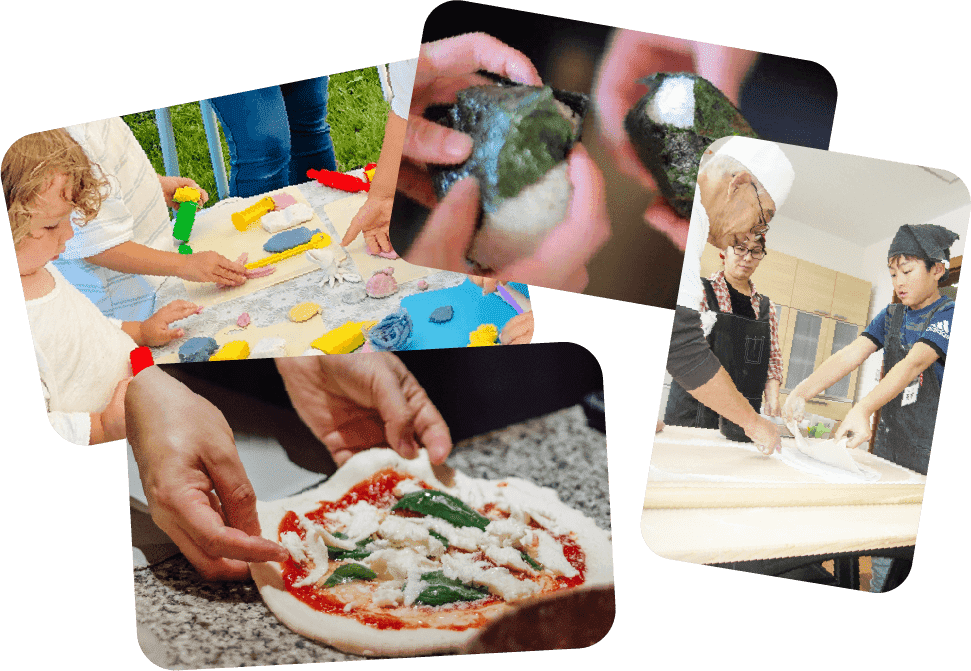 ピザ、おにぎり、粘土遊びの様子など