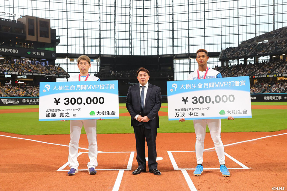 大樹生命月間MVP賞を受賞した加藤貴投手と万波選手02