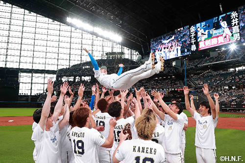 胴上げされる金子コーチ